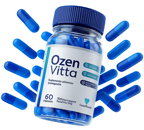 Frasco real do suplemento Ozen Vitta com cápsulas azuis